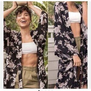 Spiritual Gangster Maya Black Floral Tie Front Kimono Robe Cover‎ Up Duster